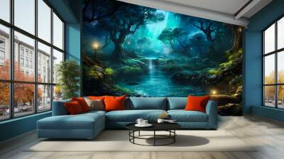 Mystical magical enchanted forest at night with glowing lights. AI generative Wall mural