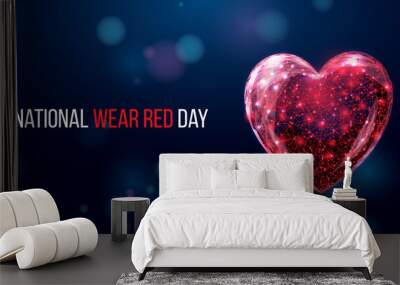 National wear red day concept. Banner with wireframe red heart. Abstract modern 3d vector illustration on blue background Wall mural