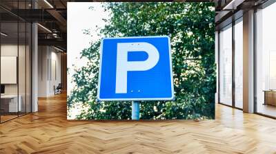 Blue parking road sign on sky and tree background Wall mural