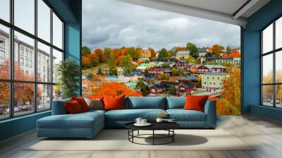 View of old Porvoo, Finland. Beautiful city autumn landscape with colorful wooden buildings. Wall mural