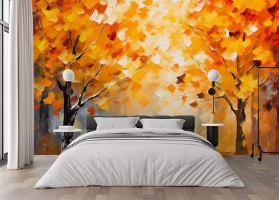 Oil painting landscape - autumn forest, orange leaves Wall mural