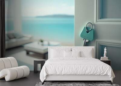 Open door with key to relaxation area in new apartment or hotel overlooking the sea. Terrace with panoramic sea views. Luxury vacation rental or buying overseas property on sea coast. Generative AI Wall mural