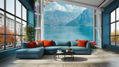 open window with lake and mountains view with flowers on windowsill Wall mural