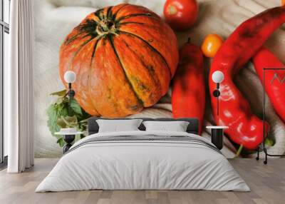 Orange pumpkin with green veins, mint, red sweet pepper and colorful tomatoes lie on a light fabric surface. Wall mural