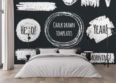 Chalk or pencil drawn graphic elements collection - strokes, stripes, frames, rectangle, oval and round shapes, heart, tick. Chalk forms on black board with lettering - thank you, hello, welcome.  Wall mural