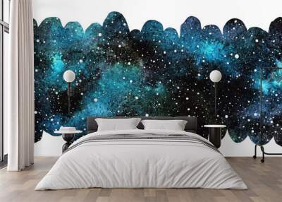 Cosmic, starry space watercolor background. Emerald, black watercolour galaxy or night sky with stars texture. Elongated brush stroke shape, rounded edge. Hand drawn banner, frame, border template Wall mural