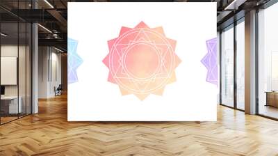 Gradient watercolor vector geometric mandala set, round text frames. Circle, polygon star shape. Colorful light blue, lilac, pink watercolour stains texture. Hand drawn painted esoteric backgrounds. Wall mural