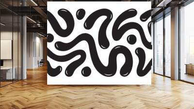 Liquid, organic blobs, y2k style squiggles, groovy doodle wavy stripes inscribed in a rectangle long banner shape. Bold scribbles, lines. Black fluid graphic design element, text background, header. Wall mural