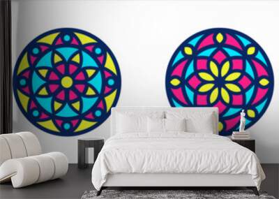 Stained glass simple illustrations collection. Circle shape, stylize flat rose window vector ornament. Round frames set, radial floral motive design elements. Colorful tiny mosaic decorations. Wall mural