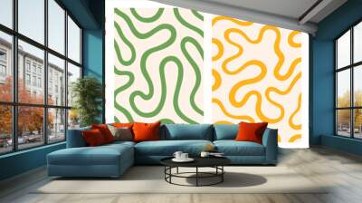 Twisted lines, fluid, curved, wiggling stripes, waves vector backgrounds set. Liquid, funky chaotic ornaments, groovy hippie patterns collection. Doodle, uneven hand drawn wavy, organic winding lines Wall mural