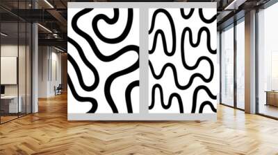 Wriggling line, fluid, curved, twisted endless stripe black white seamless repeat vector patterns set. Liquid organic ornaments, square backgrounds. Doodle, uneven hand drawn wavy, winding line Wall mural