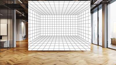 3d wireframe grid room. 3d perspective laser grid 16 9. Cyberspace white background with black mesh. Futuristic digital hallway space in virtual reality. Vector illustration. Wall mural