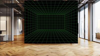 3d wireframe grid room. 3d perspective laser grid 16 9.. Cyberspace black background with green mesh. Futuristic digital hallway space in virtual reality. Vector illustration. Wall mural