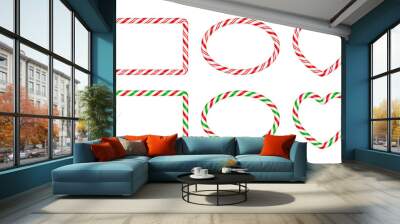 Christmas candy cane frames with red and green striped. Xmas circle, oval, square border with striped candy lollipop pattern. Blank christmas template. Vector illustration isolated on white background Wall mural