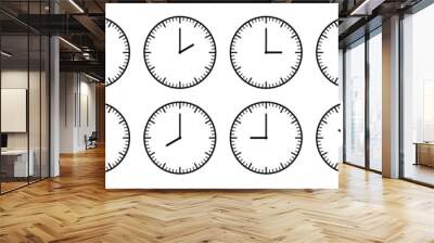 Clocks hands icon. Time sign for every hour. Stopwatch, clock faces set. Evening, morning and noon time. Simple hour icons. Vector illustration isolated on white background. Wall mural