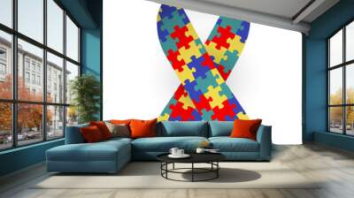 Colorful satin puzzle ribbon as symbol autism awareness. Isolated vector illustration on white background Wall mural