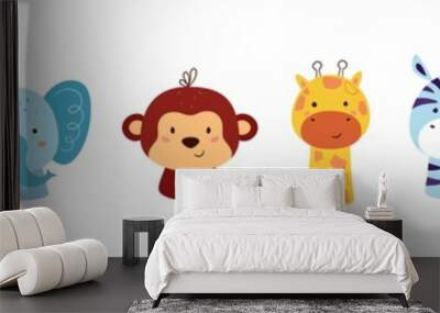 Cute animal kawaii characters. Funny lion, tiger, giraffe, elephant, monkey, hippo, zebra and crocodile. The faces of wild animals. Vector illustration isolated on white background Wall mural