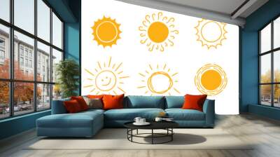 doodle different sun icons set. scribble yellow sun with rays symbols. doodle children drawings coll Wall mural