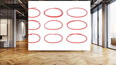 Hand drawn red ovals and circles set. Ovals of different widths. Highlight circle frames. Ellipses in doodle style. Set of vector illustration isolated on white background. Wall mural