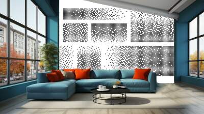 Pixel disintegration background. Decay effect. Dispersed dotted pattern. Concept of disintegration. Set pixel mosaic textures with simple square particles. Vector illustration on white background. Wall mural