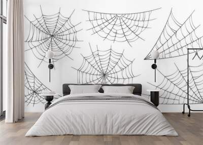 Scary spider webs. Black cobweb silhouette isolated on white background. Set of doodle spidewebs. Hand drawn cob webs for Halloween party. Vector illustration. Wall mural