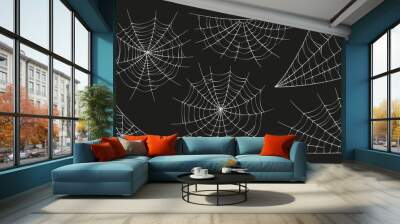 Scary spider webs. White cobweb silhouette isolated on black background. Set of doodle spidewebs. Hand drawn cob webs for Halloween party. Vector illustration. Wall mural