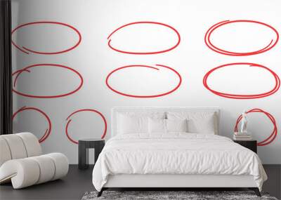 Set of hand drawn red circles and ovals. Highlight circle frames. Ellipses in doodle style. Vector illustration isolated on white background. Wall mural