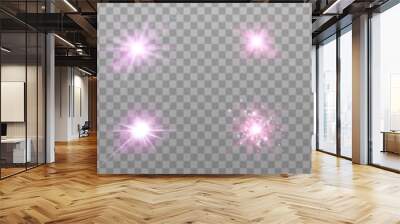 Pink lens flares set. Sun flash with rays or spotlight and bokeh. Glow flare light effect. Vector illustration. Isolated on transparent background. Wall mural