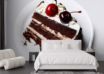 Plated slice of black forest cake on white background, Generative AI Wall mural