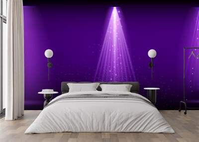 Purple spotlight. Set of bright lighting with spotlights of the stage with purple ducst on transparent background. Wall mural