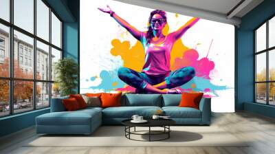 Rainbow silhouette of happy yoga girls. Contemporary art collage of young girl meditating, doing yoga. Concept of art, creativity, healthy lifestyle. International day of yoga. AI Generated Wall mural