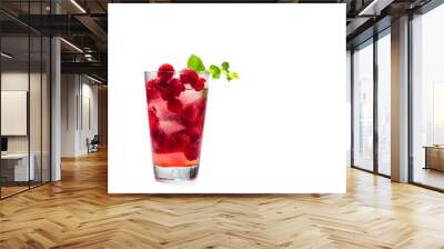 Raspberry alcoholic cocktail with liqueur, vodka, ice and mint on a white background. Raspberry Mojito. Refreshing cool drink, lemonade or ice tea in a glass. Close up, copy space for text Wall mural