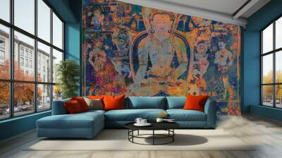 Ancient Buddha mandala with textured and grunge painted overlays for a modern contemporary style.  Wall mural