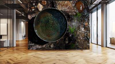 Bowl of water with concentric circles by a stream.  Still Life Photography. Wall mural