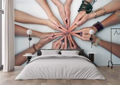 Womenâ€™s hands in a geometric connection design photographed on a white background. Wall mural