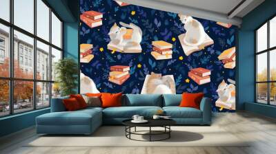 reading at night - cat - seamless pattern Wall mural