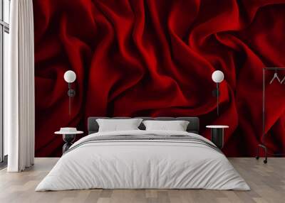 Red fabric texture. Dark abstract background for design. Close up, copy space, top view Wall mural