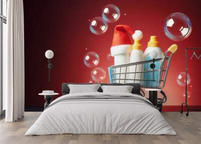 Reflective surface features miniature shopping cart against red background, holding two white bottles with yellow caps and Christmas hats. Transparent bubbles create a clean atmosphere, Wall mural