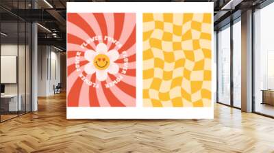 Retro groovy set backgrounds in style 60s, 70s. Flower power. Good vibes only. Trendy vector illustration. Red and yellow colors Wall mural