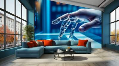 Robot hand ai artificial intelligence assistance work with computer display, crystal office background. Generative AI Wall mural