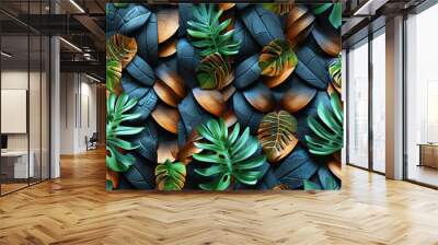 Rustic 3d wooden block wall with green plants, ideal for eco friendly and natural design themes Wall mural