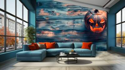 Scary Halloween jack o' lantern pumpkin with a cut out face on wooden boards on a dark blue background with fog Wall mural