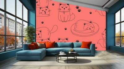 Seamless black and white sketch pattern with cute doodle cat characters on a red background. Wall mural