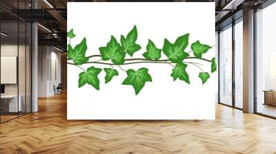 Seamless border with green ivy leaves isolated on white background. Vector flat cartoon illustrations. Vine climbing ivy Wall mural