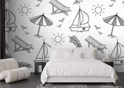 Seamless monochrome pattern on theme of summer beach holidays. Background with umbrella, sailboat, seagulls Wall mural