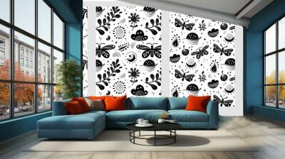 Seamless neo folk pattern with butterfly, moth and flowers, black and white floral design. Set Neo folk style endless backgrounds perfect for textile design. Wall mural