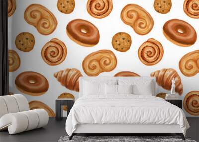 Seamless pattern with baking. Hand drawn illustrations of sweet pastries and cookies on white background. Wall mural