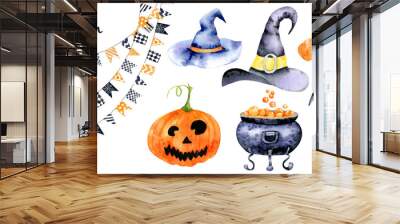 Set for halloween with watercolor images of holiday attributes Wall mural