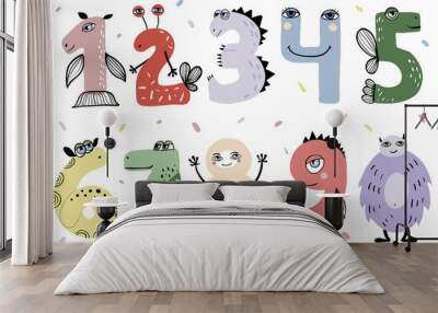 Set of cute cartoon number monsters. Flat style design. Funny monsters for children studying. Collection of numerals for kids learning counting or mathematics. Wall mural