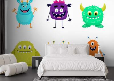 Set of cute colorful monsters. Funny cool cartoon fluffy monster, aliens or fantasy animals for childish cards and books. Hand drawn flat vector illustration isolated on white background. Wall mural